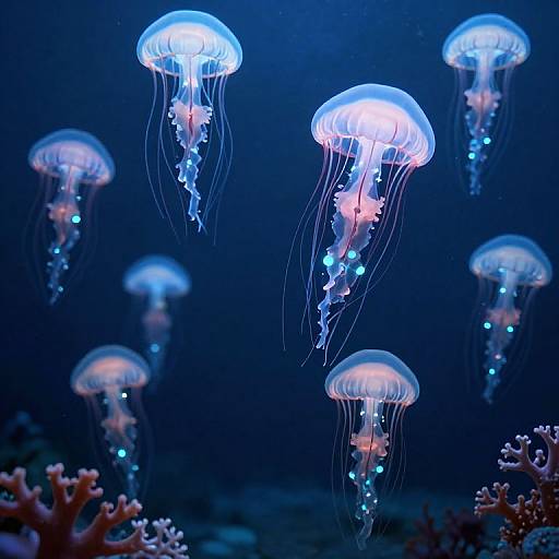Photograph of glowing blue and pink jellyfish floating in a dark, oceanic background, surrounded by coral and underwater plants.