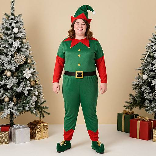 Photograph of a smiling, plus-size woman in a green and red elf costume standing between two silver-frosted Christmas trees with wrapped gifts.