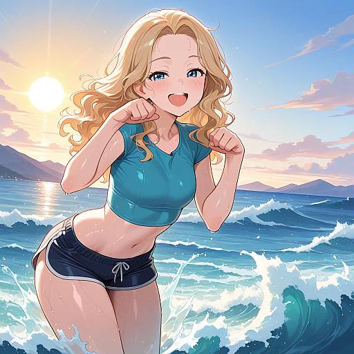 Blonde Girl in Crop Top by Ocean Waves