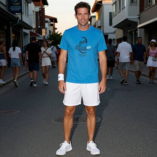 Photograph of a muscular, tan-skinned man with short dark hair, wearing a blue 