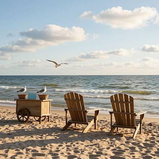 Photograph of a sandy beach with two wooden Adirondack chairs, a wooden cart with seagulls, and an ocean view under a partly