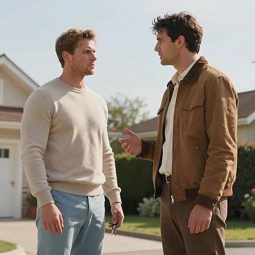 Two Men Engaged in Conversation Outdoors
