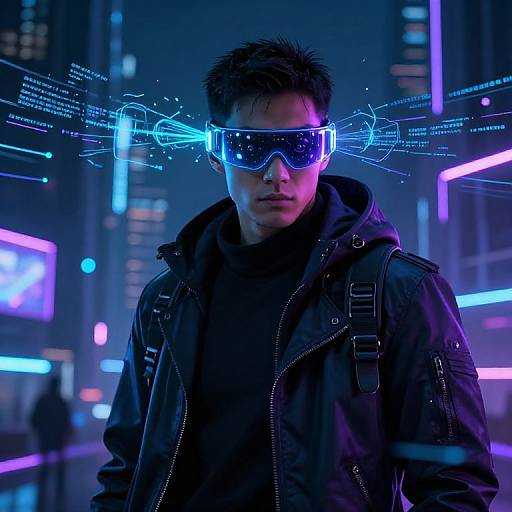 Cyberpunk photo: Asian man with spiky black hair, wearing neon blue visor and black jacket, standing in a futuristic cityscape with glowing