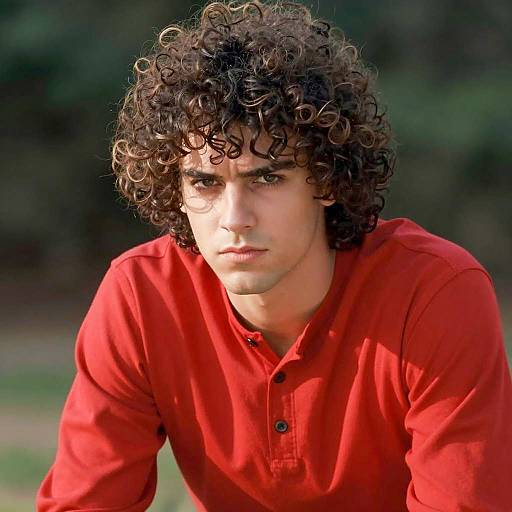 Young Man with Curly Hair in Red Shirt