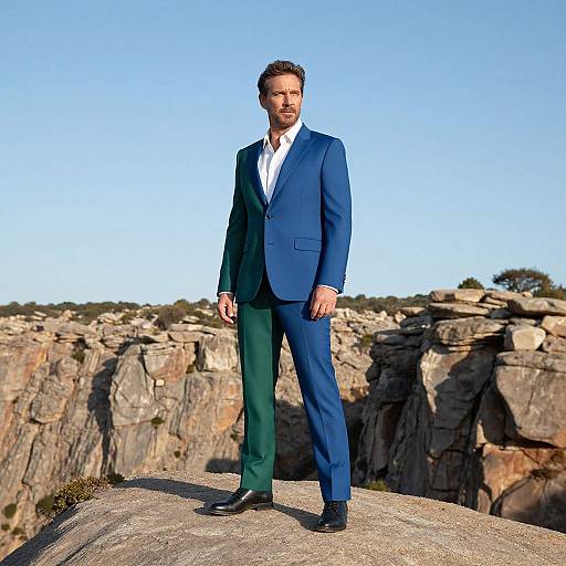 Photograph of a handsome man in a blue suit and white shirt standing confidently on a rocky cliff against a clear blue sky.