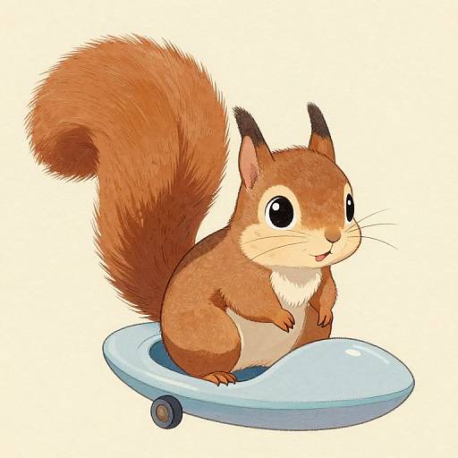 Cute digital illustration of a small, fluffy, red squirrel with large black eyes, sitting on a blue, round, toy-like platform.