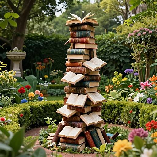 Photograph of a tall, wobbly stack of open books in a vibrant garden, surrounded by colorful flowers, lush greenery, and a stone