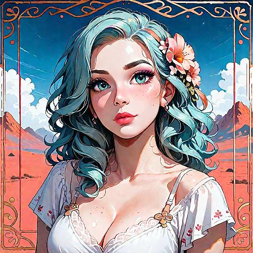 Digital Portrait of Woman with Blue Hair and Floral Hairpin