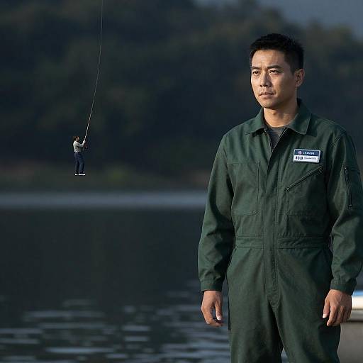 Serious Man in Green Jumpsuit with Fishing Miniature
