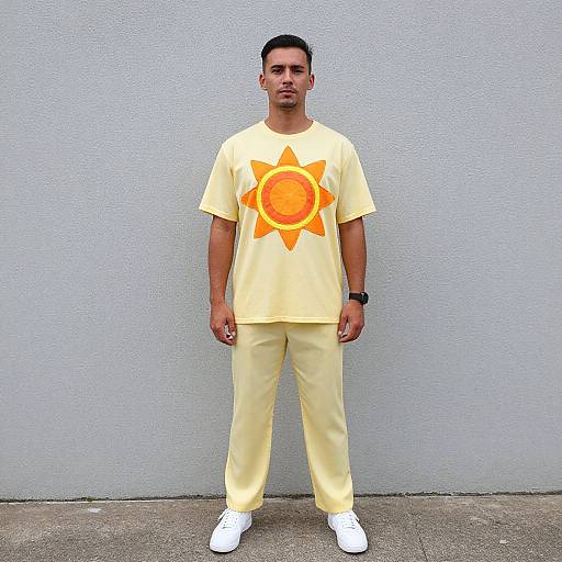 Photograph of a young man with short black hair, wearing a yellow shirt and pants with an orange sun graphic, standing against a gray textured wall.