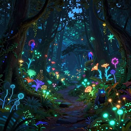 Photograph of a glowing, bioluminescent forest at night, featuring colorful, neon-like plants and fungi illuminating a dark, dense tree path