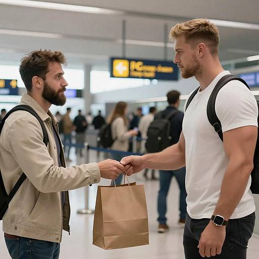 Bearded Man Hands Bag in Terminal
