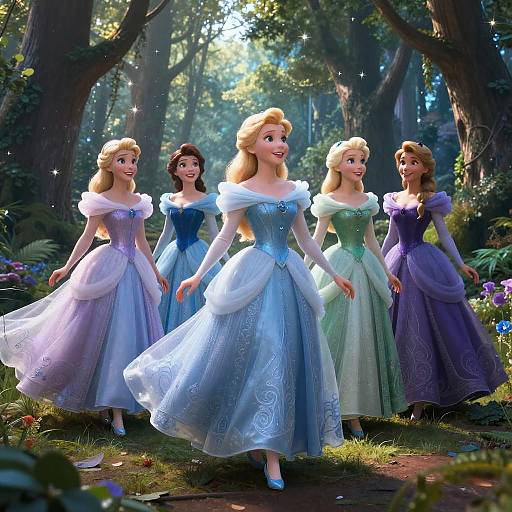 Digital illustration of five animated Disney princesses in pastel-colored ball gowns, walking through a sunlit forest with tall trees and colorful flowers.