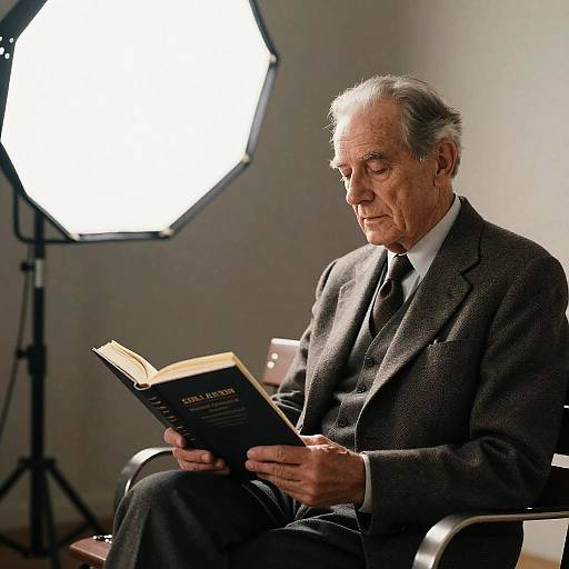 Photograph of elderly white man with gray hair, wearing a gray suit and tie, reading a book in a studio with a bright light in the background