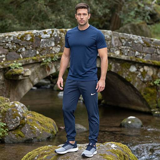 Photograph of a fit, muscular man with short brown hair, wearing a navy blue athletic outfit and white sneakers, standing on a moss-covered rock by