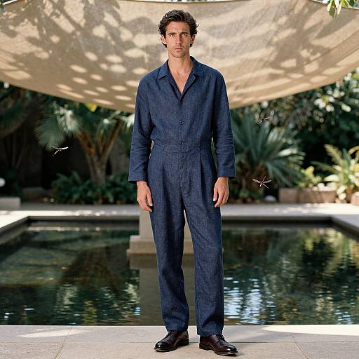 Photograph of a handsome, curly-haired man in a dark blue, button-up jumpsuit, standing by a pool with lush greenery and a beige