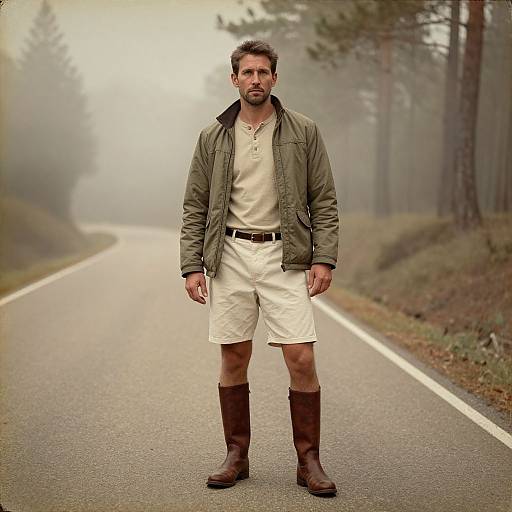 Photograph of a bearded man with short dark hair, wearing an olive jacket, white polo and shorts, brown boots, standing on a foggy