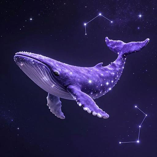 Digital art: Glowing blue whale with star patterns, floating in a starry night sky with Orion constellation. Whale's textures mimic celestial bodies,
