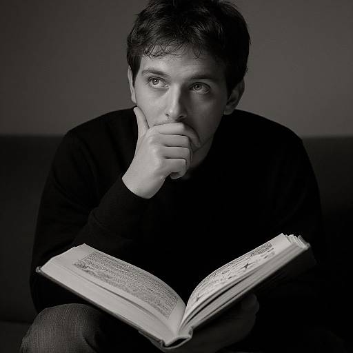 Black-and-white photograph of a man with short dark hair, wearing a black sweater, deeply concentrating on an open book, seated on a dark couch,