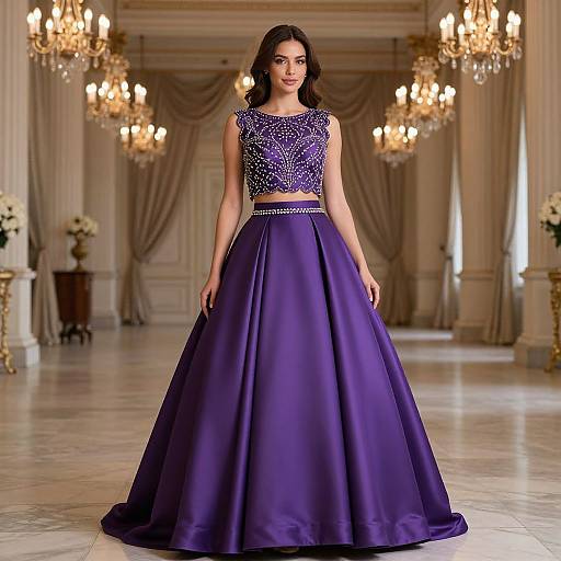 Photograph of a dark-haired woman in a sleeveless, sparkling blue top and full, purple satin gown, standing in an elegant, chandelier-l