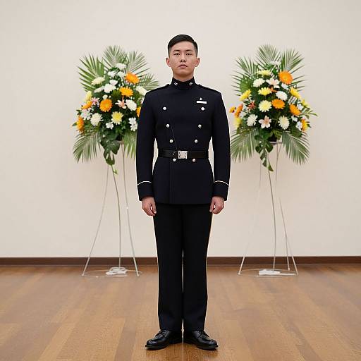 Photograph of an Asian male in a black military uniform standing in front of two floral arrangements with orange, white, and green flowers on a wooden floor