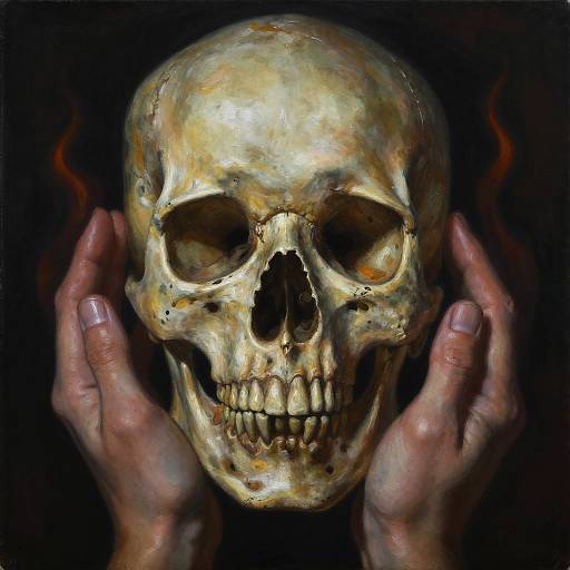 Photorealistic digital painting of a yellowed, weathered skull held by two hands with faint flames in the dark background.
