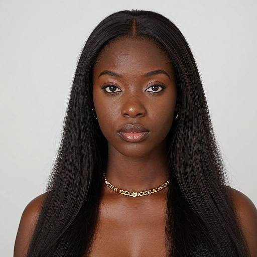 Photograph of a dark-skinned woman with long straight black hair, wearing a gold chain necklace, against a white background.