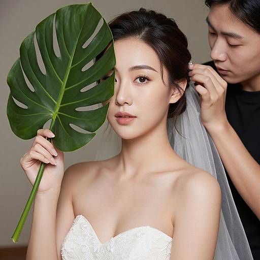Photograph of an Asian bride with fair skin and dark hair, wearing a white strapless dress, holding a large green monstera leaf, while