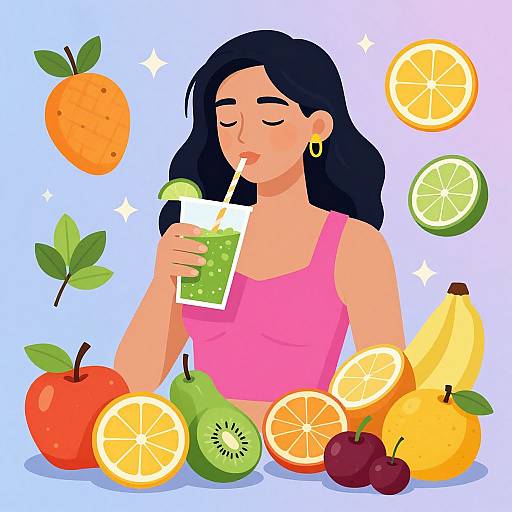 Digital illustration of a woman with dark hair, wearing a pink tank top, drinking a green smoothie surrounded by vibrant fruits and citrus slices.