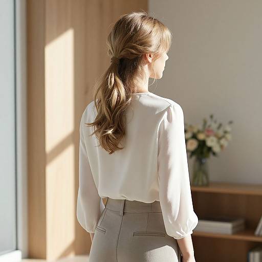 Photograph of a woman with light brown hair in a low ponytail, wearing a white blouse and beige high-waisted pants, standing in a