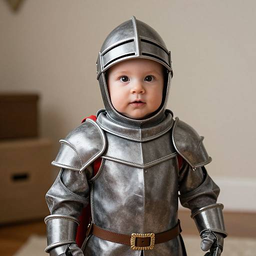 Photograph of a baby in detailed, shiny silver medieval knight armor with a metallic helmet, brown belt, and neutral indoor background.