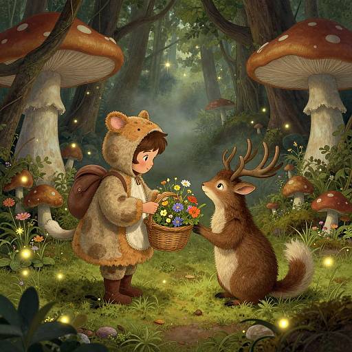 Whimsical forest scene: child in bear costume holding flower basket, deer with antlers reaching up, surrounded by glowing fireflies, giant mushrooms.