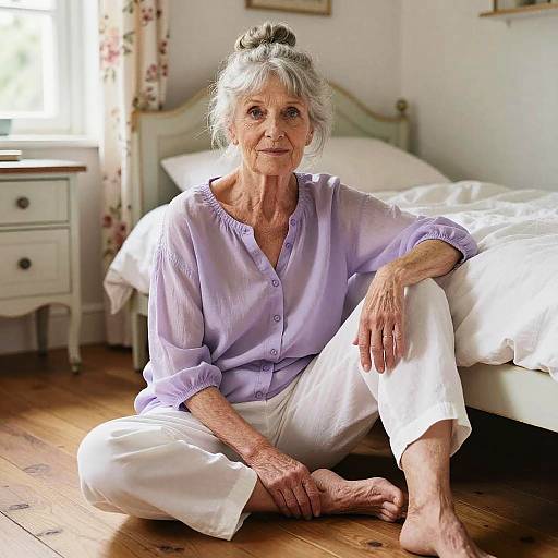 Photograph of an elderly woman with grey hair in a bun, wearing a lavender blouse and white pants, sitting cross-legged on wooden floor beside a bed