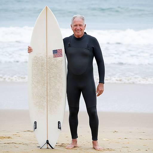 Photograph of an older white man with gray hair, wearing a black wetsuit, standing on a beach holding a white surfboard with an American