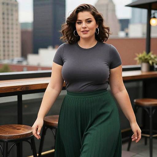 Photograph of a curvy woman with dark wavy hair, wearing a gray t-shirt and green high-waisted pants, standing in a rooftop