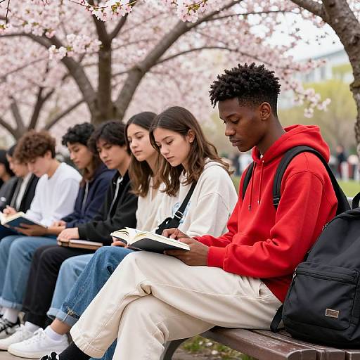 Photograph of diverse students sitting on bench under blooming cherry blossoms; African-American male in red hoodie reads, others focused on books.