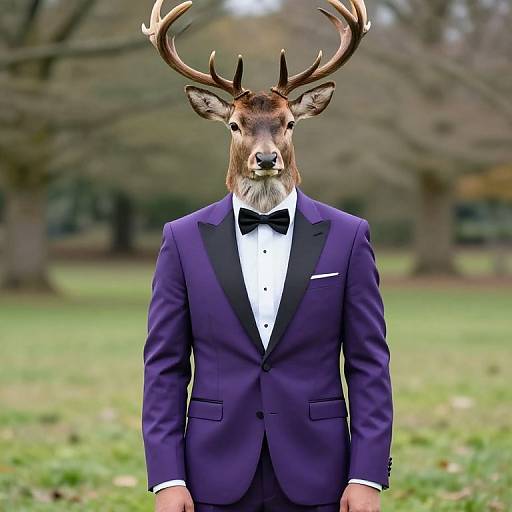 Photograph of a deer with large antlers wearing a purple tuxedo with black bow tie and white shirt, standing in a blurred green park.