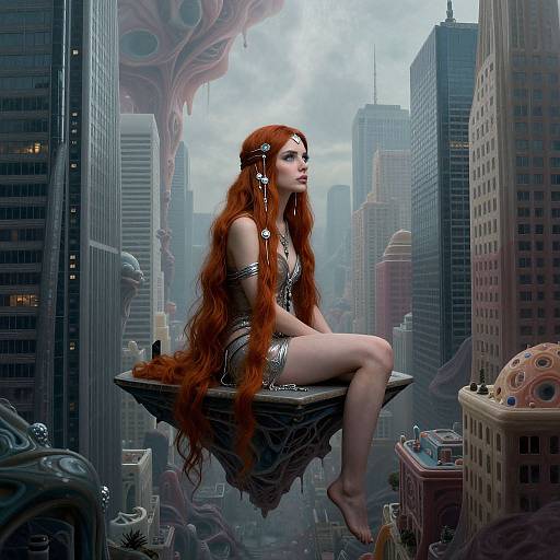 Digital art: Red-haired fantasy woman with long hair, silver armor, and headpiece, sits on floating rock in eerie, cityscape with twisted buildings