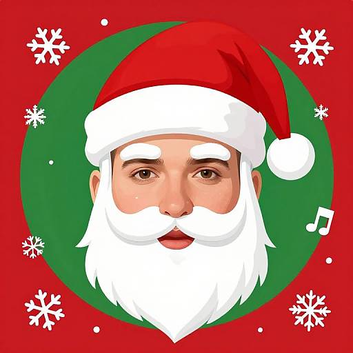 Digital illustration of a Santa Claus face with a red hat, white beard, and mustache, brown eyes, on a red background with green circle,