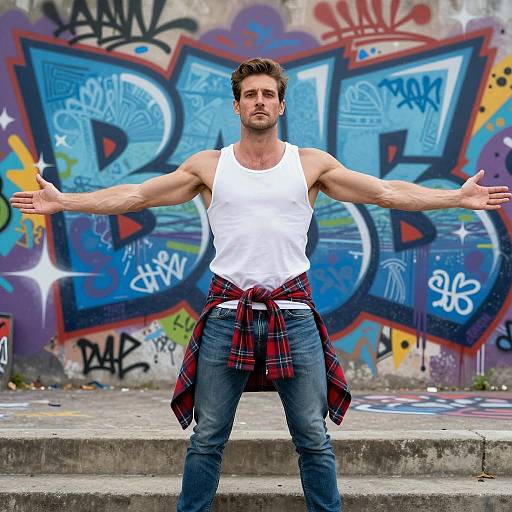Muscular Man with Outstretched Arms in Urban Graffiti Setting