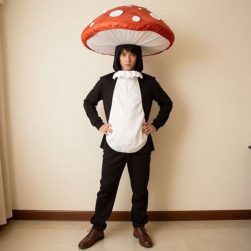 Photograph of a young Asian man in a black suit, white shirt, and brown shoes, wearing a giant red mushroom hat with white spots, standing