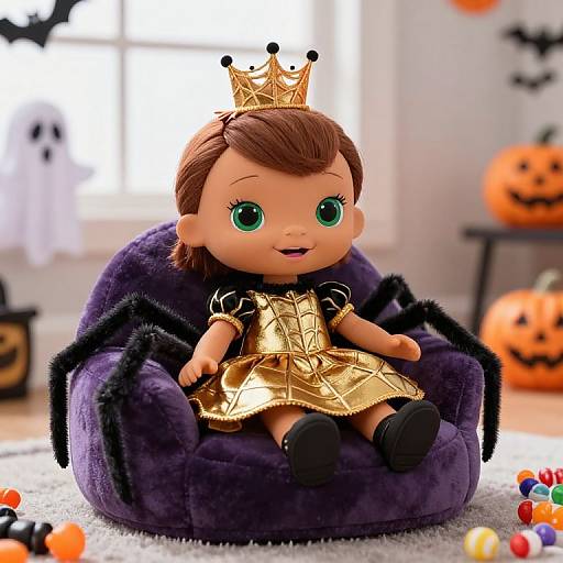 Photograph of a doll with green eyes, brown hair, gold crown, and golden dress, seated on a purple throne with bat wings, surrounded by