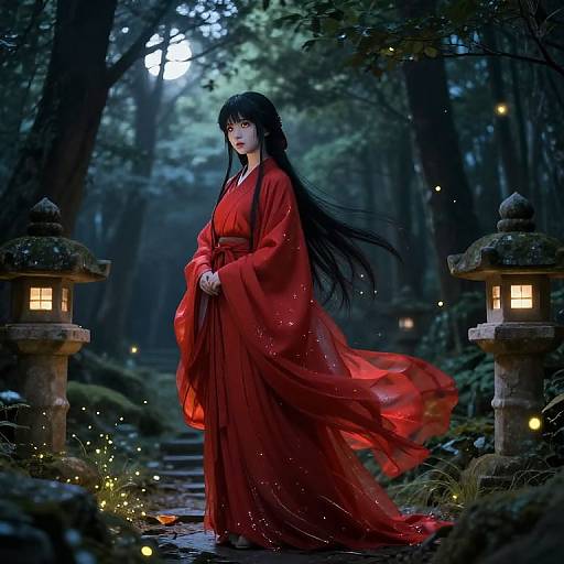 Digital art of a pale-skinned woman in a flowing red kimono, standing in a moonlit forest, surrounded by lanterns and fireflies.