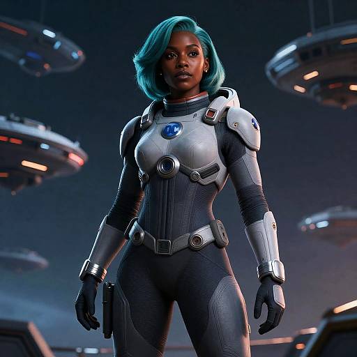 CGI image of a confident Black woman with teal hair in a futuristic, silver and black armored suit, standing in a space setting with hovering spacecraft.