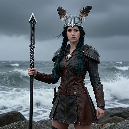 Photorealistic digital art of a fierce, dark-haired warrior woman in silver helmet with feathers, brown leather armor, and spear, standing on rocky shore