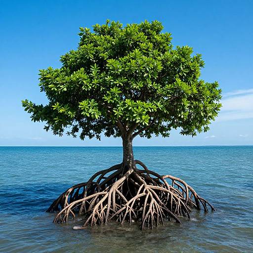 Photograph of a vibrant, green-leaved mangrove tree with exposed, tangled roots standing in clear, calm ocean water under a bright blue sky.