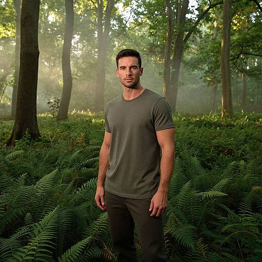 Photograph of a muscular, bearded man in a grey t-shirt and black pants standing in a sunlit, misty forest with lush ferns