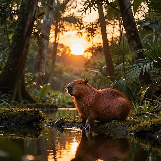 Photograph of a beaver with reddish-brown fur standing in a reflective forest stream at sunset, surrounded by lush greenery and tall trees.