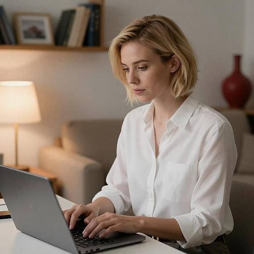 Focused Blonde Woman Typing on Laptop