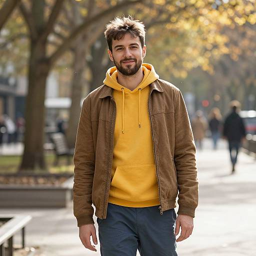 Photograph of a bearded man with short dark hair, wearing a brown leather jacket over a yellow hoodie and blue pants, smiling in a sunlit